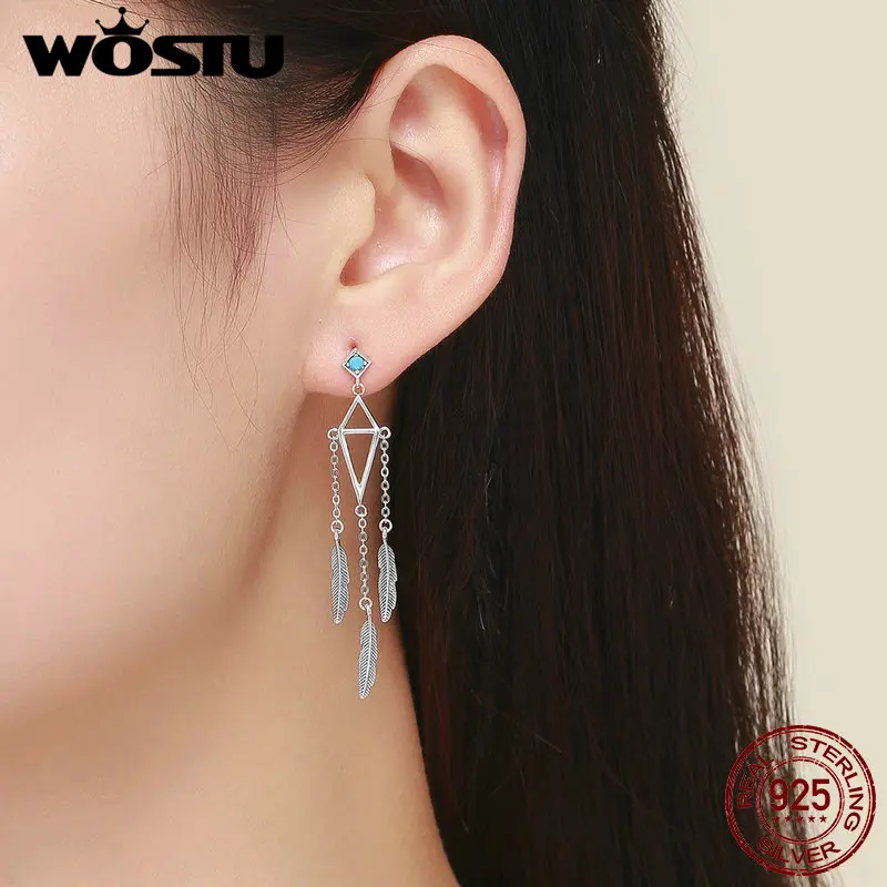 Женские длинные висячие серьги WOSTU серебряные в виде колокольчиков и перьев 925