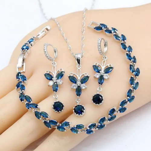 Новинка, темно-синий кристалл, 925 серебряные ювелирные наборы для женщин, серьги, ожерелье, браслет, подарочная коробка - Окраска металла: 3PCS