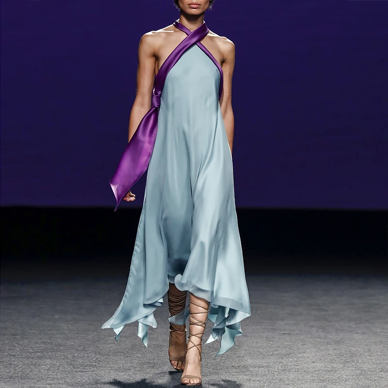 

Satin Party Dress Long Halter Sleeveless Ruffles Asymmetric Dress Women Summer 2019 maxi dress Cross Strap Beach Holiday Dress