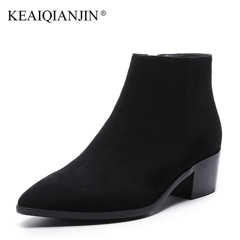 

KEAIQIANJIN Woman Pointed Toe Ankle Boots Autumn Winter Black Brown Gray Sheepskin Shoes Zipper Genuine Leather Martin Boots
