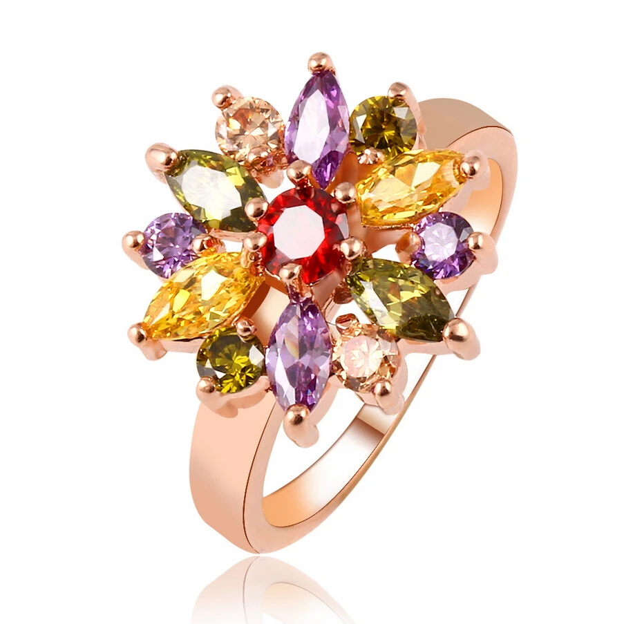 Classic Colorful igh quality Crystal Ring Quality Design Alloy Plated Gold Flower Zircon Rings For Women Fine Jewelry Best Gift
