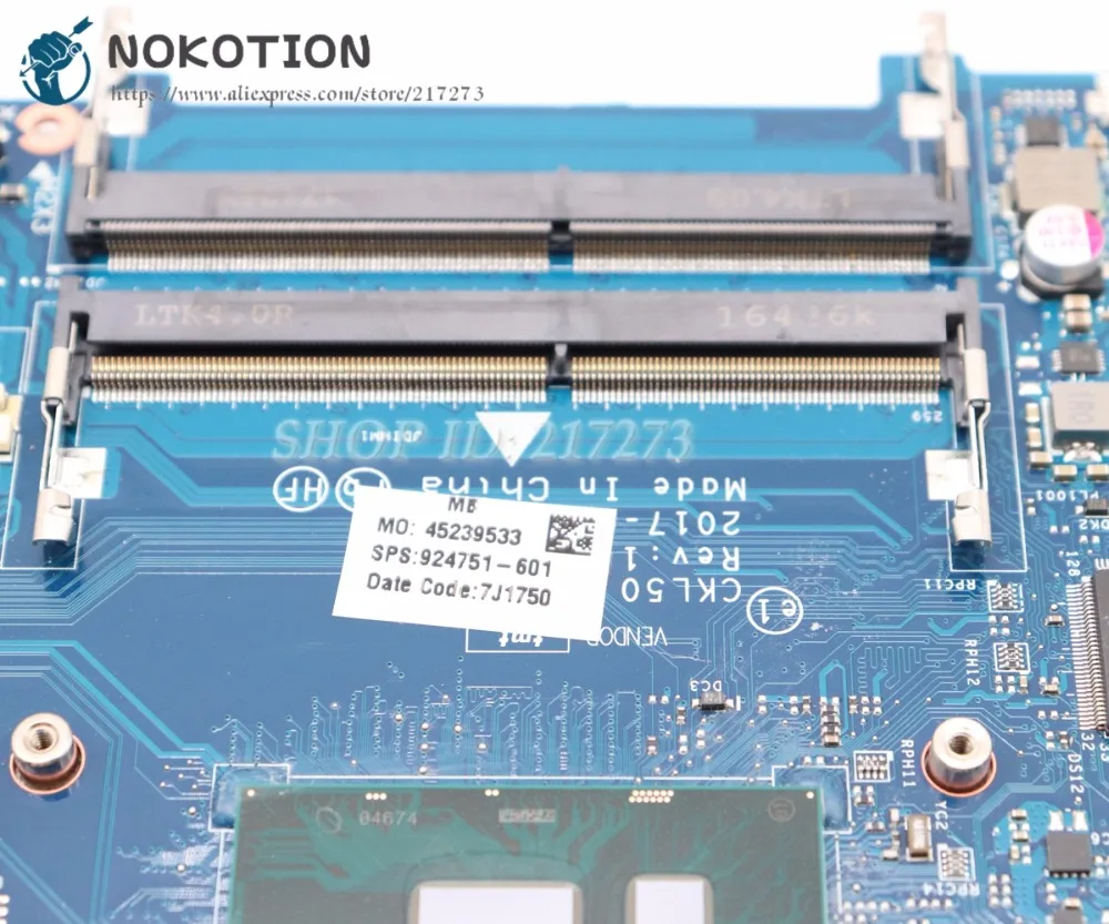 NOKOTION 924751-601 924751-001 CKL50 LA-E801P основная плата для hp Pavilion 15-BS Материнская плата ноутбука SR342 I5-7200U Процессор UMA MB