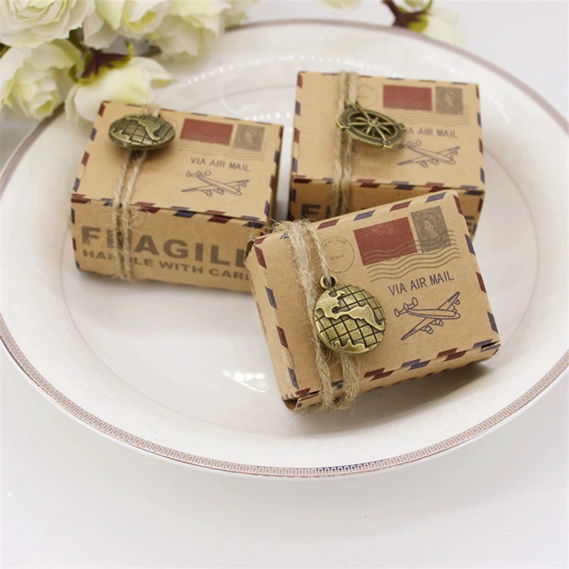 50Pcs Vintage Wedding Envelope Air Mail Kraft Paper Candy Box Rope Earth Compass Accessories Gift Packaging Christmas Supplies | Дом и сад