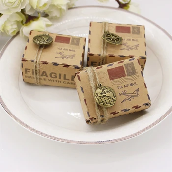 

50Pcs Vintage Wedding Envelope Air Mail Kraft Paper Candy Box Rope Earth Compass Accessories Gift Packaging Christmas Supplies