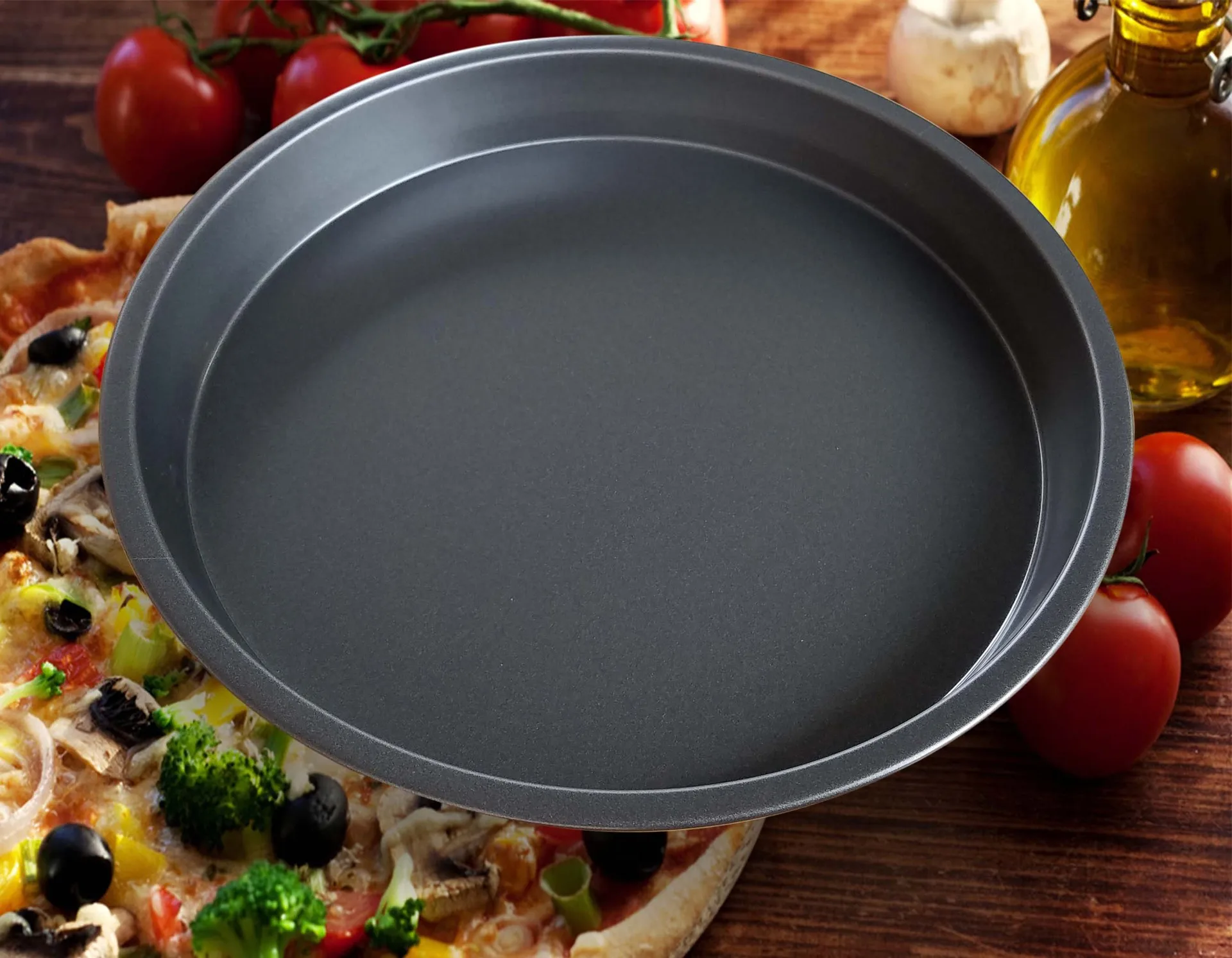 Fdit 8in Kitchen Pizza Tray Non-stick Black Carbon Steel Round Baking Plate Pizza Tray Baking Pan Plate Mould Tool 
