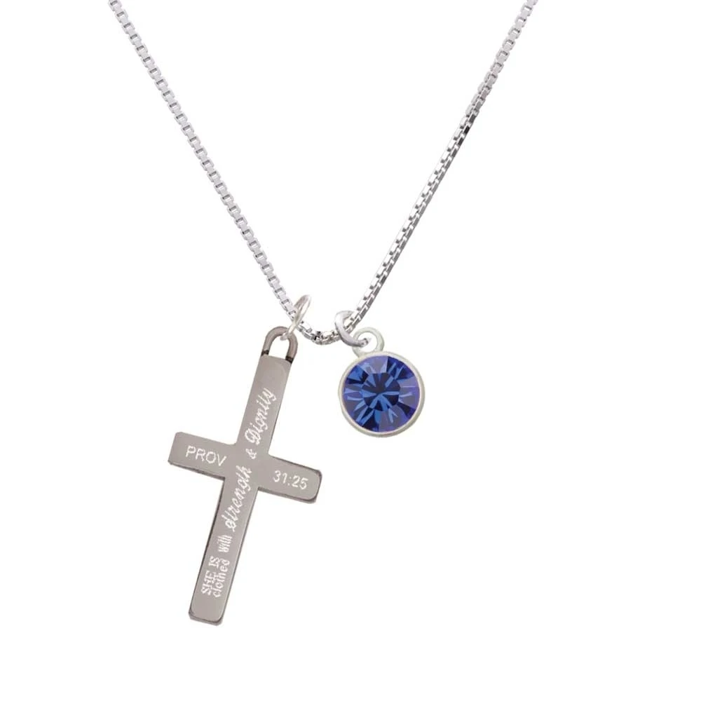 10mm Blue Crystal Drop - Strength and Dignity - Cross Necklace