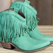 Ботильоны на не сужающемся книзу массивном каблуке с круглым носком и бахромой; женская повседневная обувь в западном стиле с кисточками; ботинки осень-зима; цвет коричневый, синий, красный, зеленый