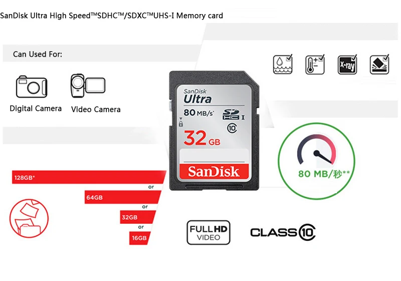 SanDisk Ultra SD карта 128 Гб 64 ГБ 32 ГБ 16 ГБ SDHC/SDXC карта UHS-I 80 МБ/с./с. карта памяти класс 10 камера SD для записи Full HD