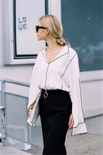 PADEGAO Street Style Black edged Pure white V-neck long sleeved Ladies shirt 2017 Fashion blogger recommend Casual summer blouse