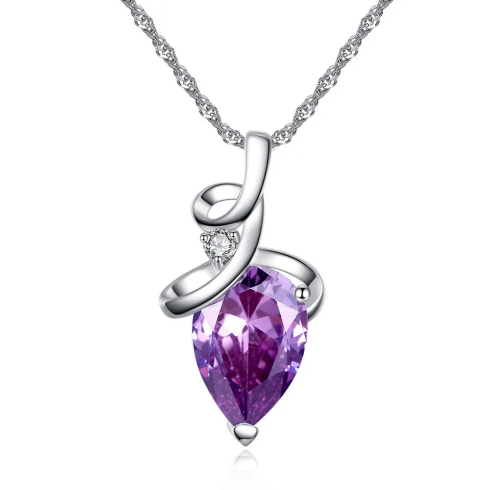 

Fashion Wedding Engagement Jewelry Silver 925 Pendant Necklace Women White Purple & Red CZ Water Drop Beautiful Party Gift
