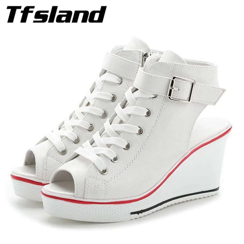 Tfsland женские пряжки открытый носок на танкетке Текстильная обувь на платформе пикантная женская обувь на шнуровке; сезон лето босоножки на высоком каблуке кеды, кроссовки