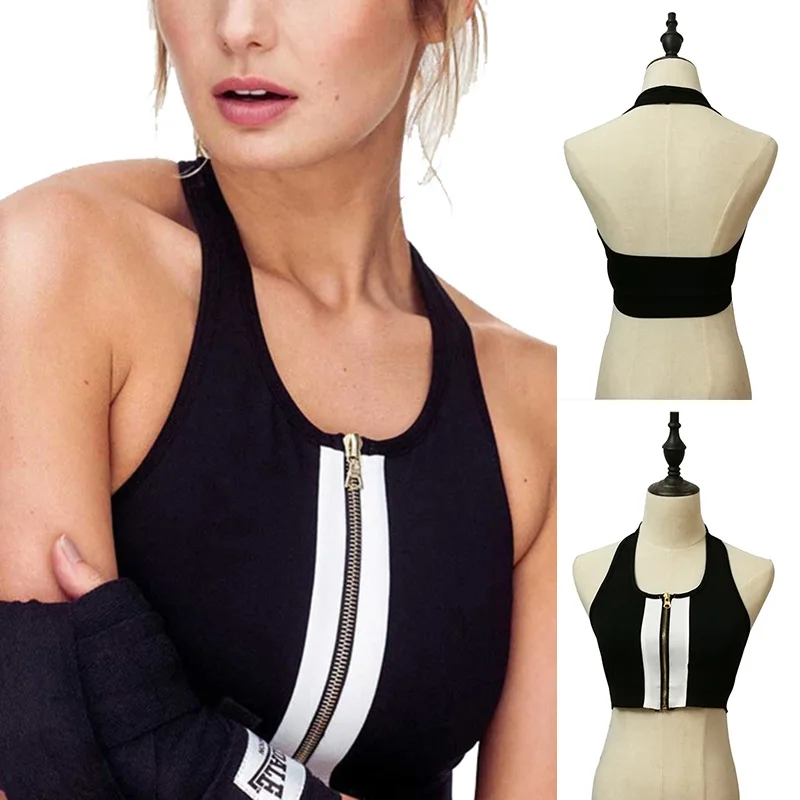 

Sexy Zippered Sports Bras Women Push Up Crop Top For Fitness Black Backless Running Vest Halter Round Neck Gym Sports Top
