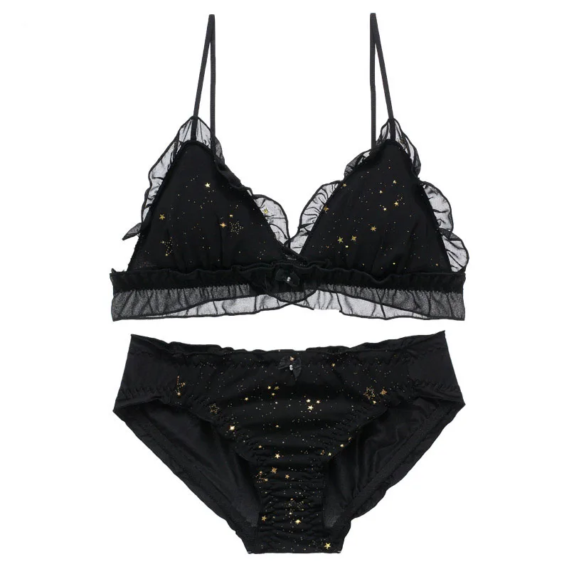 Ультра-тонкий женский комплект нижнего белья, сексуальный шифоновый кружевной комплект с бюстгальтером, клубничный принт, сердце, звезда, благородная девушка, бюстгальтер, нижнее белье и трусики