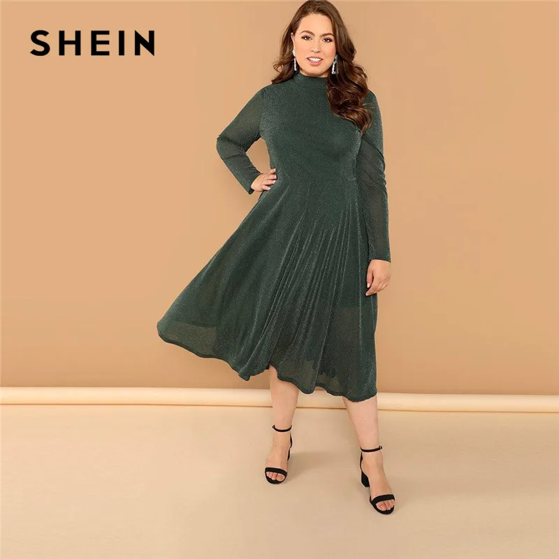 SHEIN Plus Size Army Green Long Sleeve Stand Collar Long Women Glitter