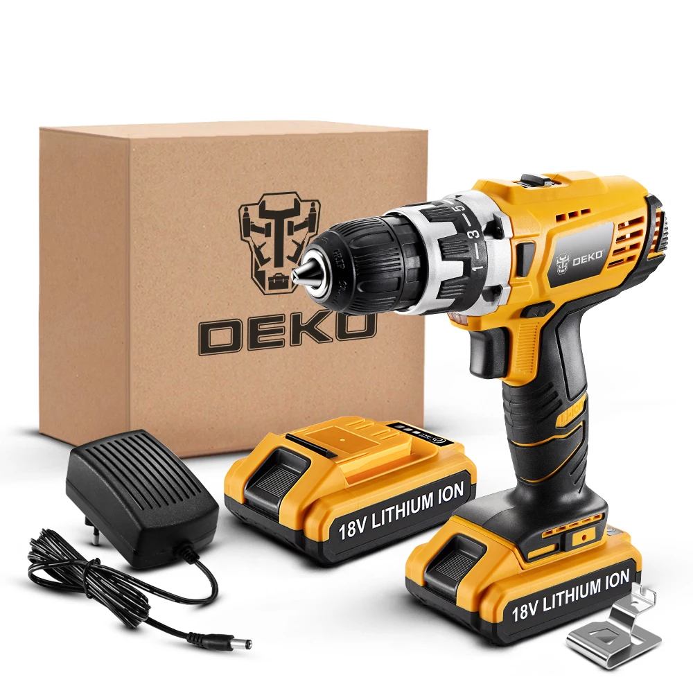 DEKO GCD18DU2 18V Mini Power Driver LED Power Tool Variable Speed Cordless Drill Home DIY Electric Screwdriver 2 Lithium Battery