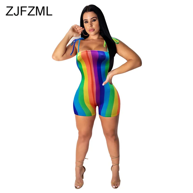 

Rainbow Stripe Sexy Fitness Playsuit Women Spaghtti Strap Sleeveless One Piece Overall Summer Strapless Backless Short Jumpsuit