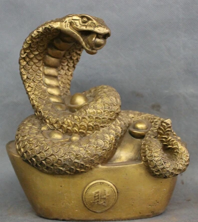 

JP S0114 Chinese Brass Folk Animals Year Zodiac Snake On Wealth YuanBao Statue Sculpture B0403