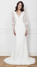 Elegant Mermaid V-line Wedding Dress Unique Lantern Sleeve Keyhole Back Vestido De Novia Button NM 508