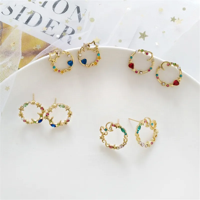 

Moon Stars Geometric Round Garland Rhinestone Alloy Earrings New Fashion Cute Imitation Pearl Earrings Female Trendy Jewelry