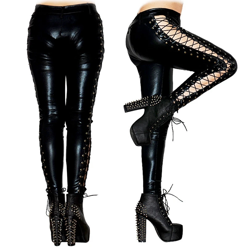 Женские длинные брюки Wetlook на шнуровке в стиле панк-рок, латексные леггинсы с двумя боковыми шипами, брюки из искусственной кожи, сексуальные фетиш, брюки из ПВХ, клубная одежда