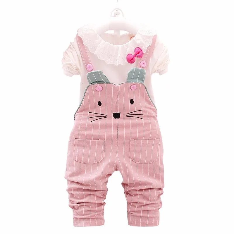 

New Selling Toddler Tracksuit Spring Autumn 2018 Fashion Baby Girl Cotton T-Shirt Striped Cat Belt Pants 2 Pcs Children's Set