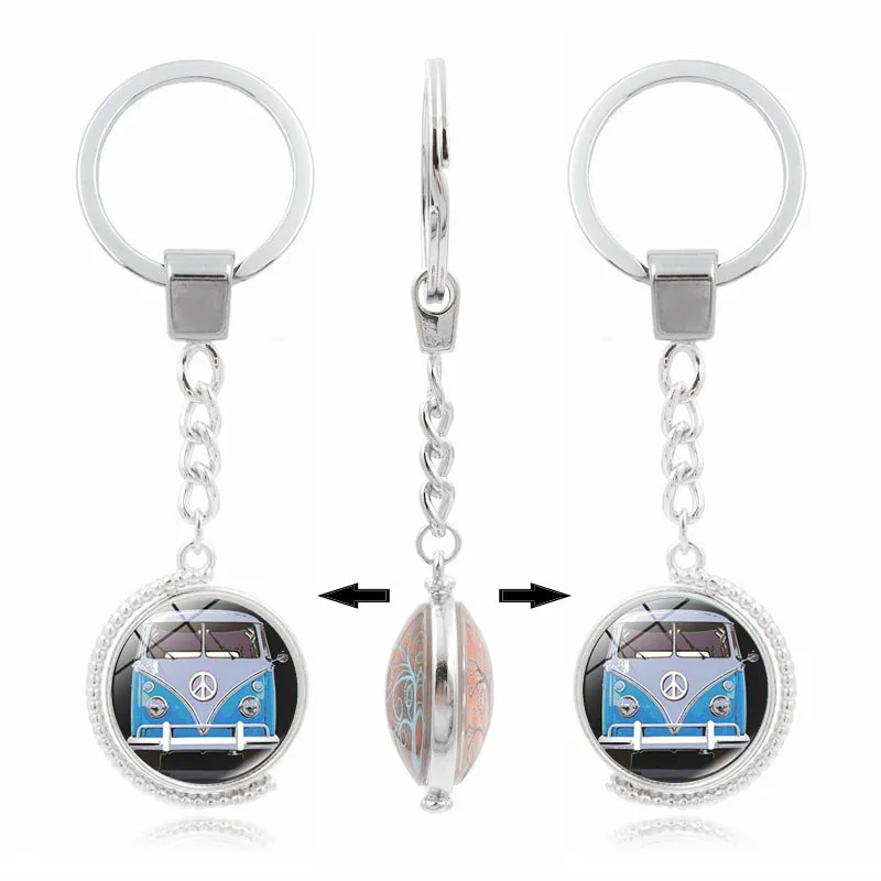 

Fashion Accessories Hippie Peace Sign Van Bus Keychain Glass Double Side Rotatable Pendant Silver Key Ring Key Chain Holder Men
