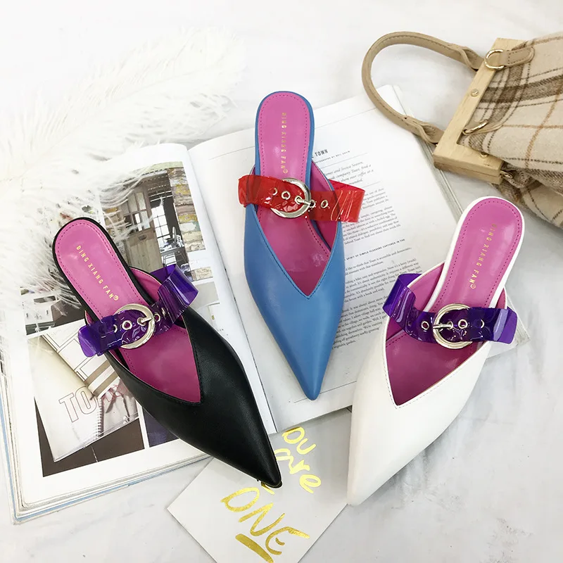 

Mixed Color transparent buckle mules shoes mujer 2019sexy ladies V pointy slippers summer cat heels slides women fashion loafers