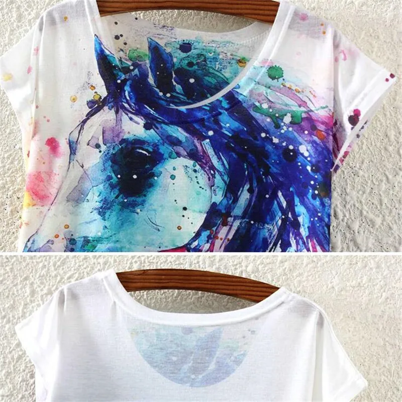 260 P Лето Для женщин живописи тушью Свободные футболки, ультра-Тонкий Модный рисунок лошади 3D с круглым вырезом и принтом «летучая мышь» для