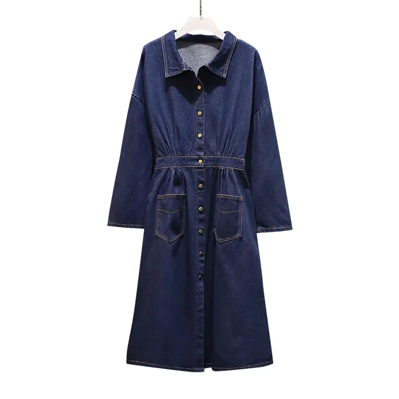 

2019 Spring Plus size 5XL Woman Dress Fashion Long Sleeves Turn down collar A Line Denim Dress Female jeans Dresses Oversize 461