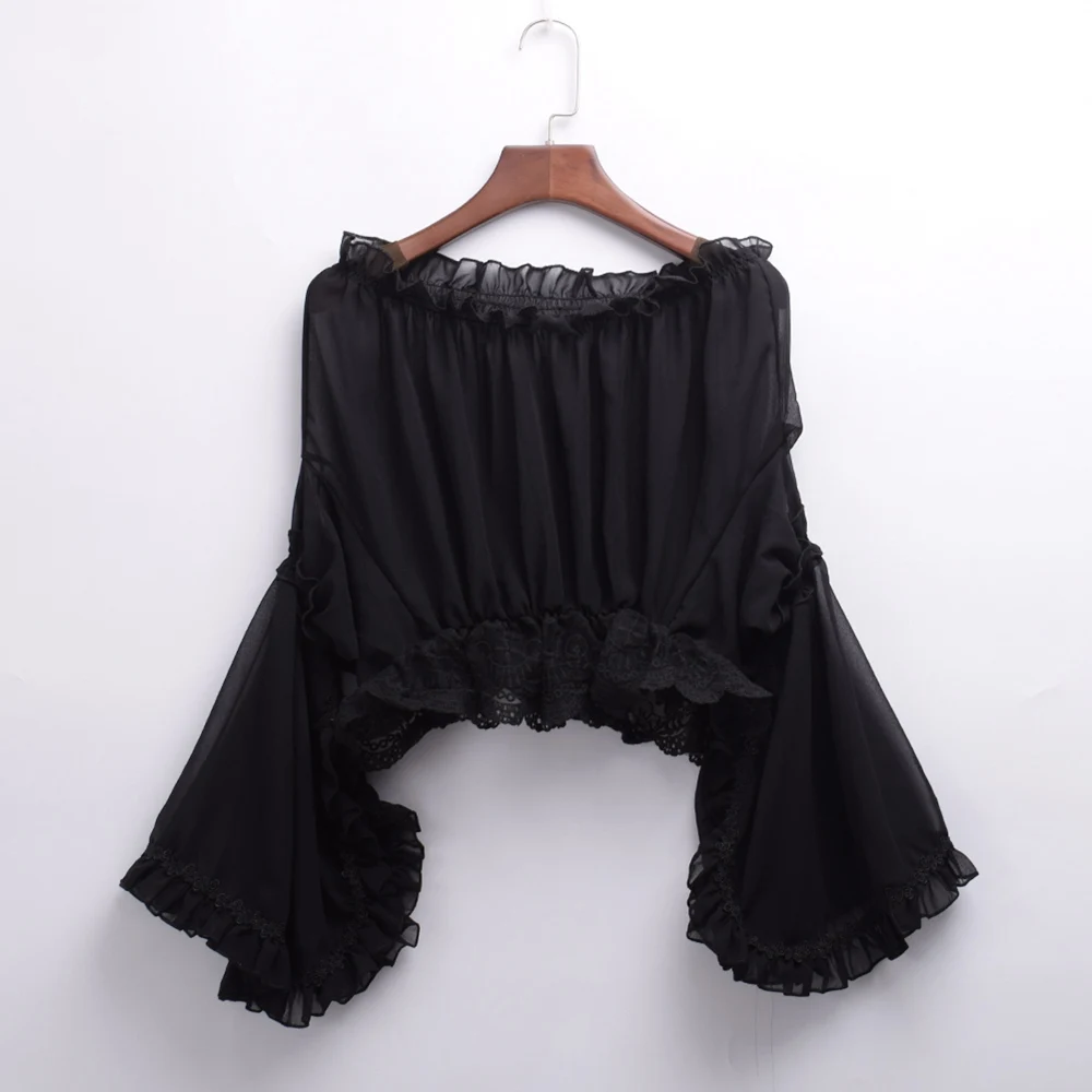 Милая женская шифоновая блузка в стиле Лолиты, короткие топы с расклешенными рукавами и открытыми плечами, топы белого и черного цвета - Цвет: Черный