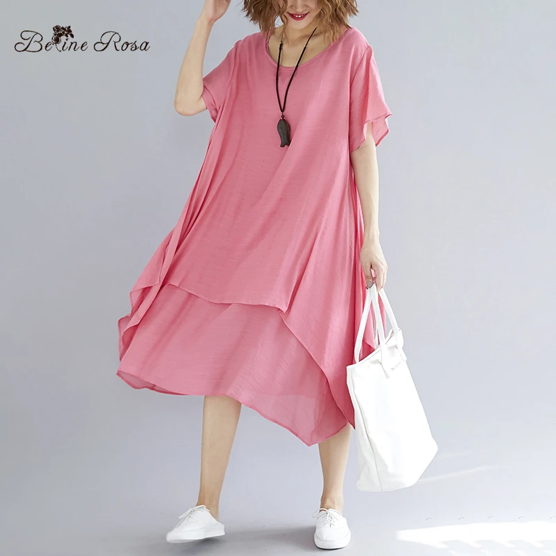 

BelineRosa Casual Plus Size Dress Women Pure Color Simple Style Irregular Hem Short Sleeve Loose Hide Belly Women Dress XE000013