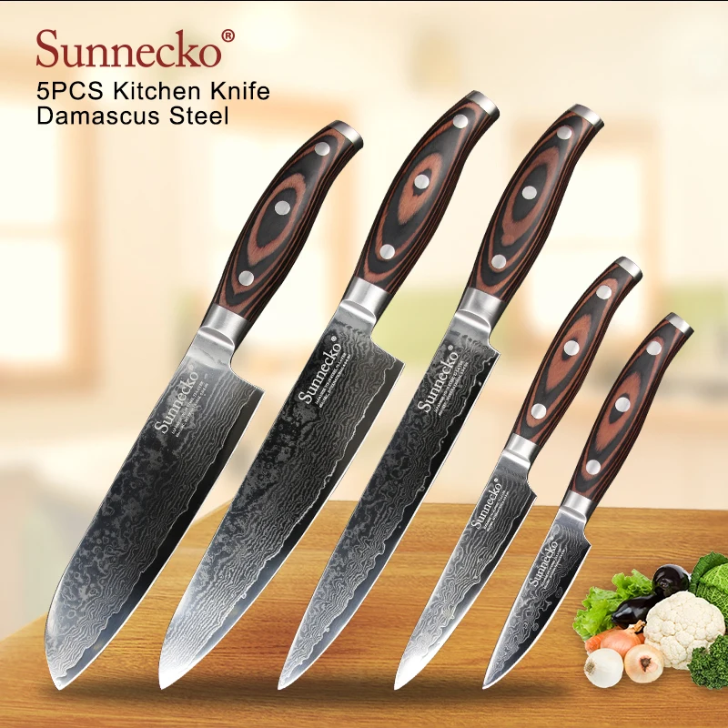 

SUNNECKO 5PCS Kitchen Knives Set Damascus Chef Knife Japanses VG10 Steel Sharp Slicing Utility Paring Knife Pakka Wood Handle