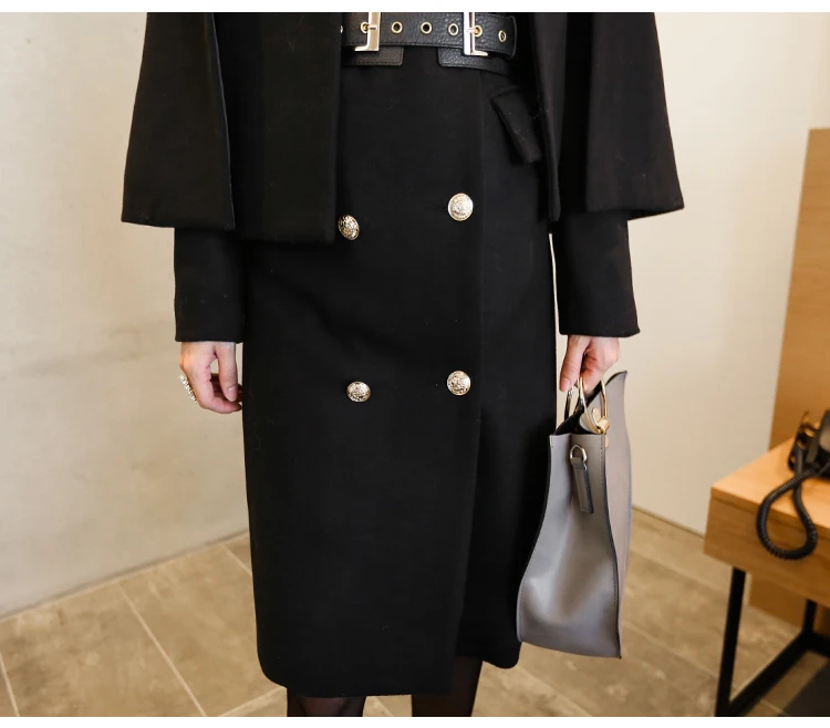 Новинка, зимняя женская черная твидовая верхняя одежда, модная двубортная накидка с длинным рукавом, 2 предмета, шерстяное пальто с отложным воротником