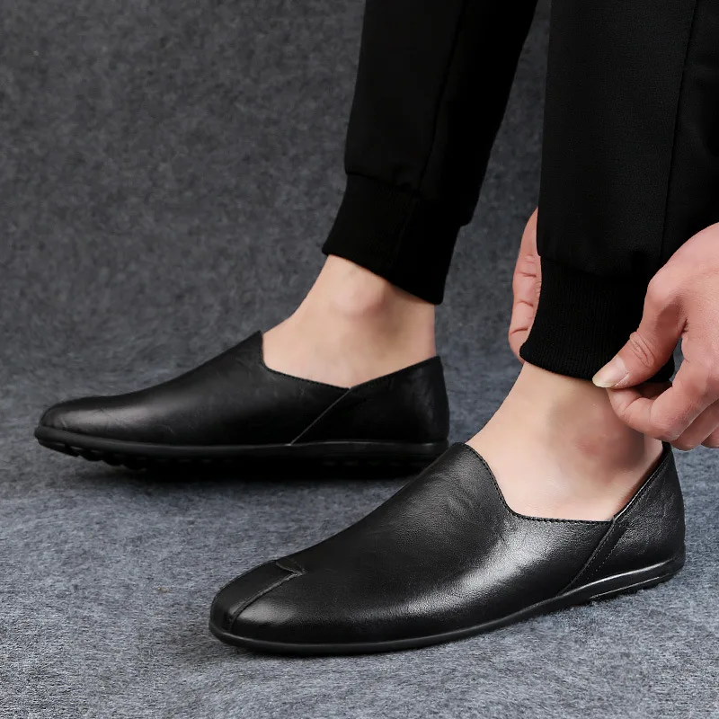 New-Men-Leather-Shoes-Casual-Breathable-Slip-on-Mens-Loafers-Black ...