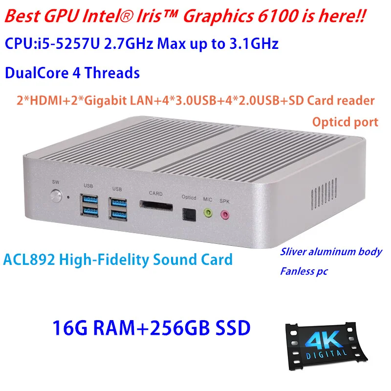Iris Pro Graphics 6100 Broadwell Intel NUC Core i5 5257u Fanless Mini PC HTPC 16G RAM 256GB SSD Hi-Fi USB WiFi