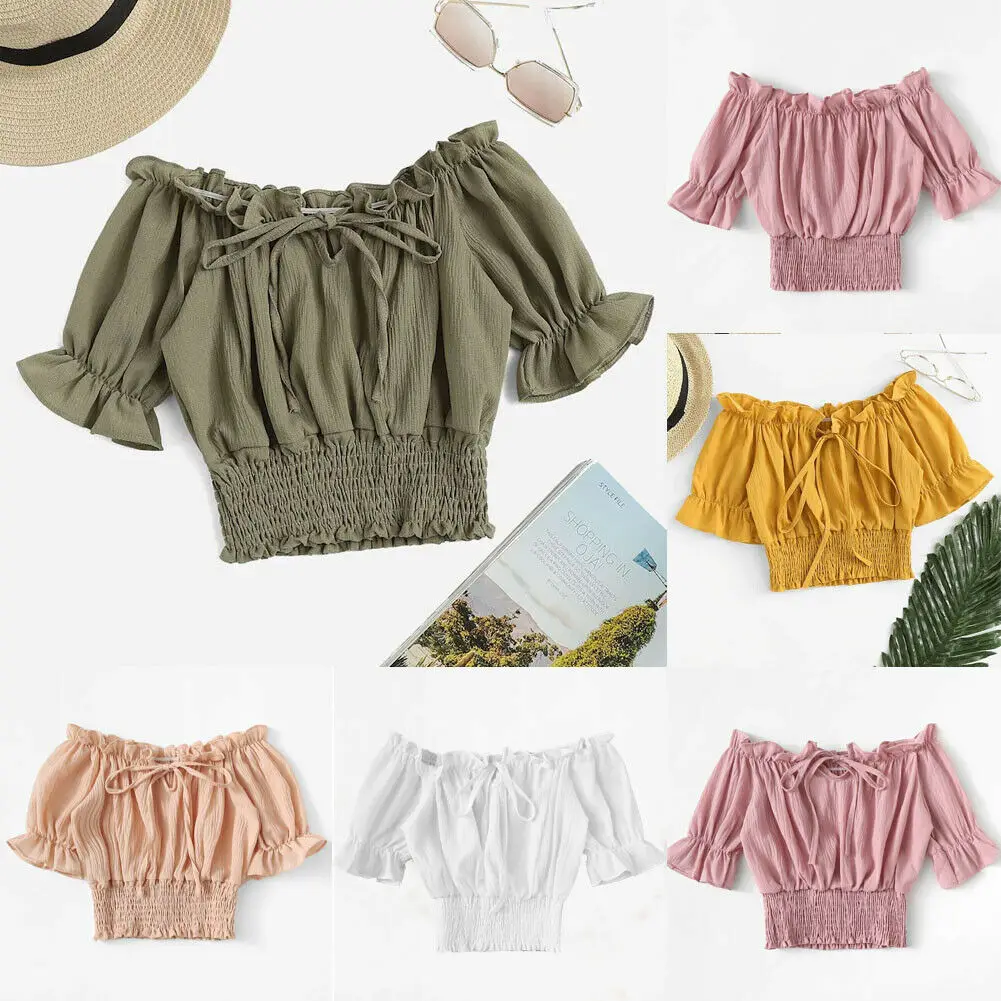 

Emmababy 2019 Toddler Kids Baby Girls Blouses Off Shoulder Empire Waist Top 3/4 Sleeve Solid Blouse Summer Outfit Top