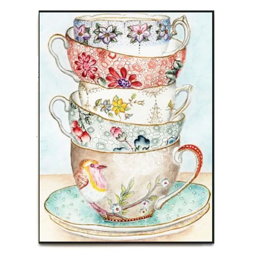 

Wall Picture Full square drill flower birds Diamond Embroidery Tea cups stacked Diamond Painting Cross Stitch Mosaic Home decor