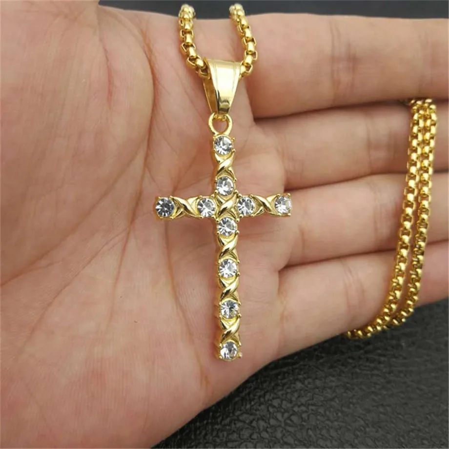 

Iced Out Jesus Fish Cross Necklace & Pendant With Stainless Steel Chain Gold Color Bling Cubic Zircon Men's Hip hop Jewelry