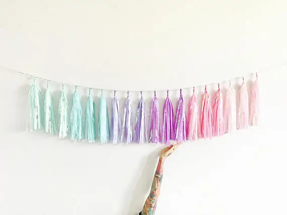 

10ft Unicorn Rainbow Sparkle Garland of 18pcs tassels (54 sheets) -Iridescent Pastel Chair Banner,1st Birthday Decorations 1103