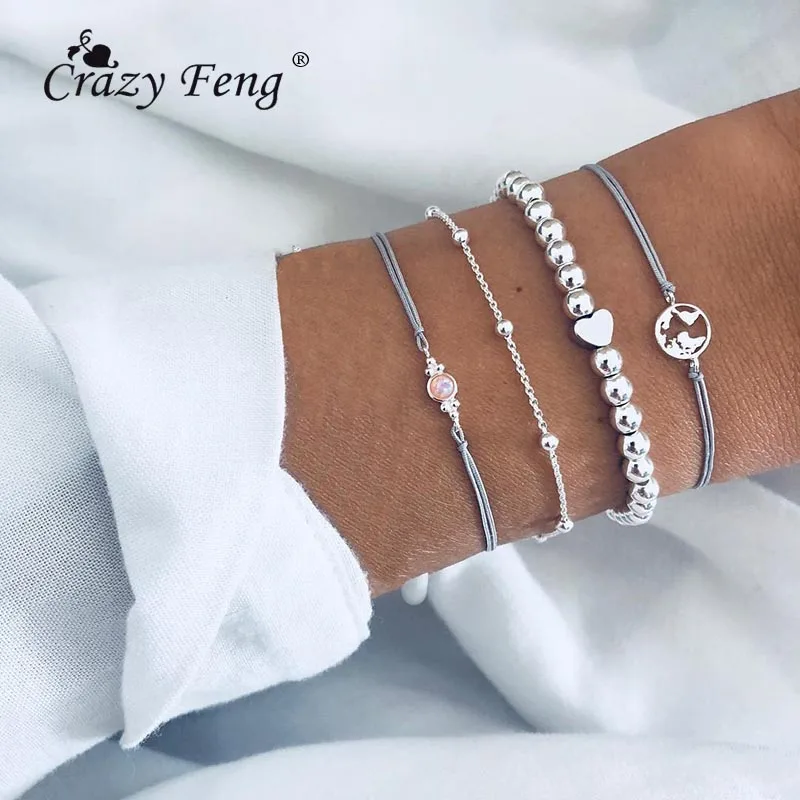 

Crazy Feng Vintatge Boho Bracelets For Women Leather Rope Chain Link Heart Tassel Marble Stone Beads Bracelet Bangle Set Bijoux