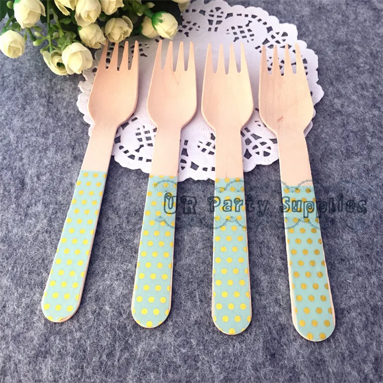 

Free Shipping 48pcs Foil Polka Dot Wooden Forks Mint Dessert Utensils Carnival Children's Day Kids Boy Birthday Party Cutlery