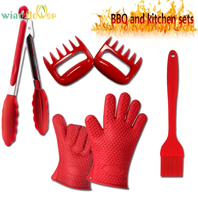 Wind flower BBQ /Cooking Sets silicone Gloves Two Sets Bear Claws Silicone Pastry Brushes Stainless Steel and Silicone Tongs