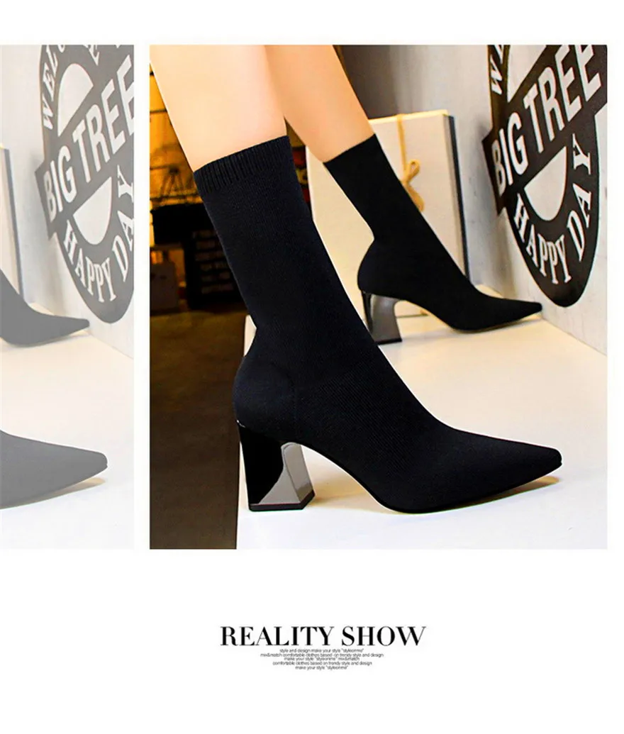 2 стиля, женские короткие ботинки с острым носком новые модные однотонные ботинки с вязаным металлическим квадратным каблуком 7 см Женская обувь на высоком каблуке 4 цвета
