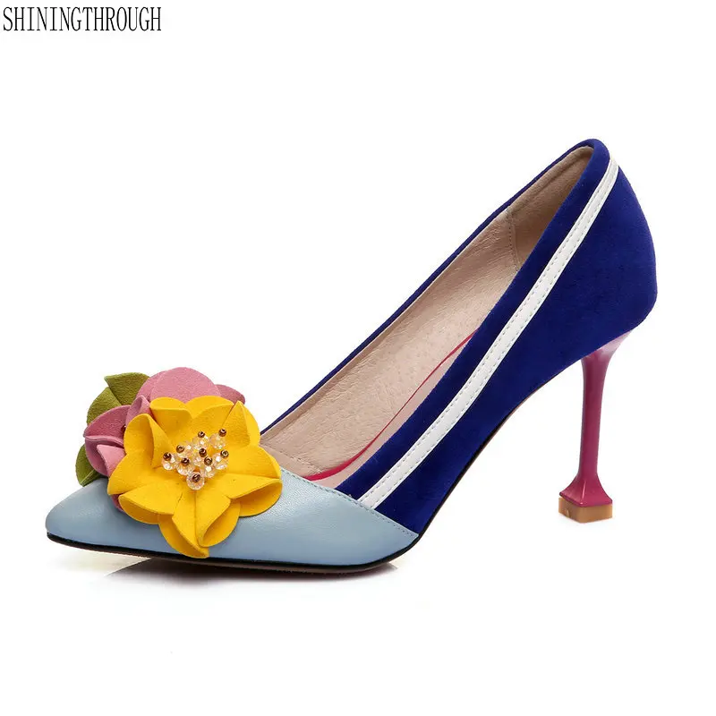 

2018 genuine leather original design thin high heels shallow women flowers luxury pumps pointed toe brand shoes