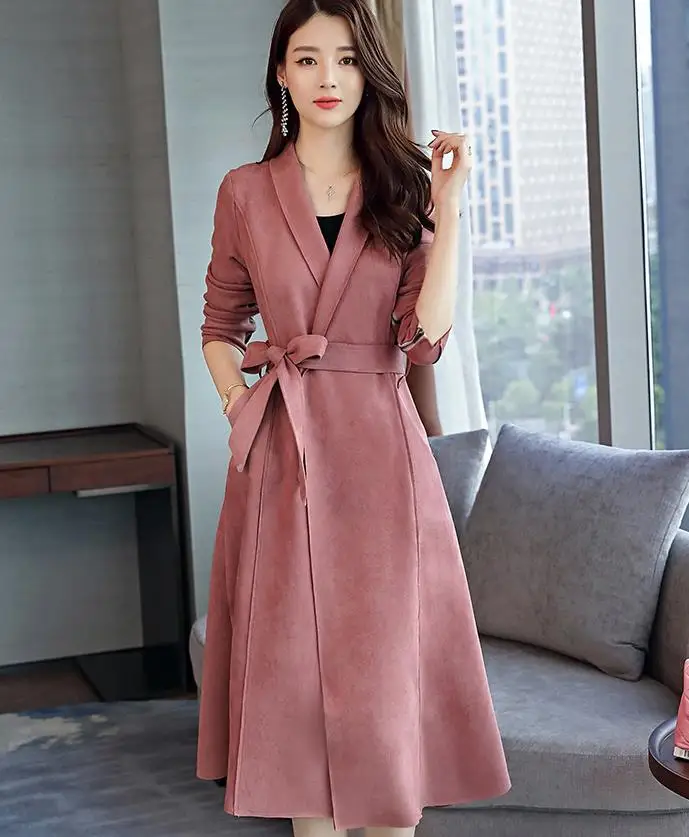 Longue Automne Cardigan Daim Abrigo Élégante Y105 Mujer Femmes Gris rose Tranchée Mince Outwear 2018 Manteau Nouveau Trench H8x5w7qT