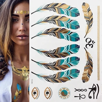 

1 sheet Flash Boho Metallic Gold Feathers Shimmering Jewellery Festival Temporary Tattoo