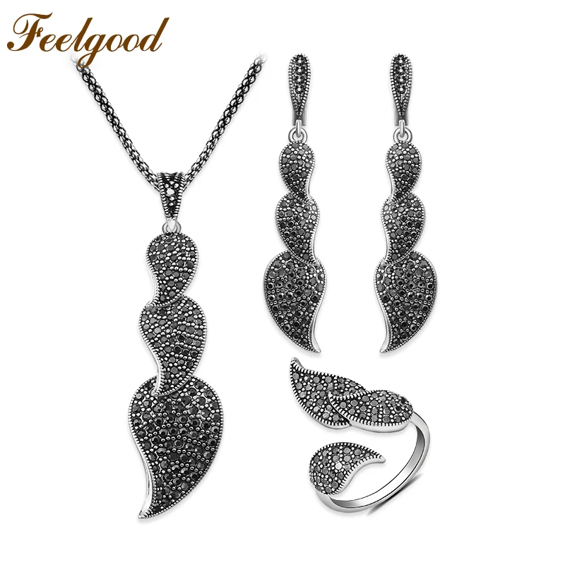 Feelgood Full Black Cz font b Crystal b font Leaf font b Jewelry b font Set