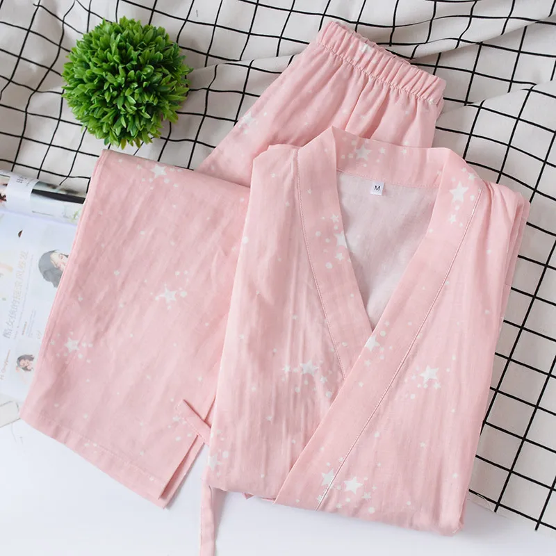 

Japanese Kimono Women Thin Section Pajamas Set Pure Cotton Double-deck Gauze Kimono Suit Bathrobe Sleepwear Yukata Long Sleeve