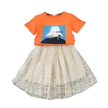 

Children Girls Cute Cartoon Pattern Print Short Sleeved Tops Mesh Wear Sweet Skirt Two Piece 2-7Y Fashion Toddler Girl Clothes