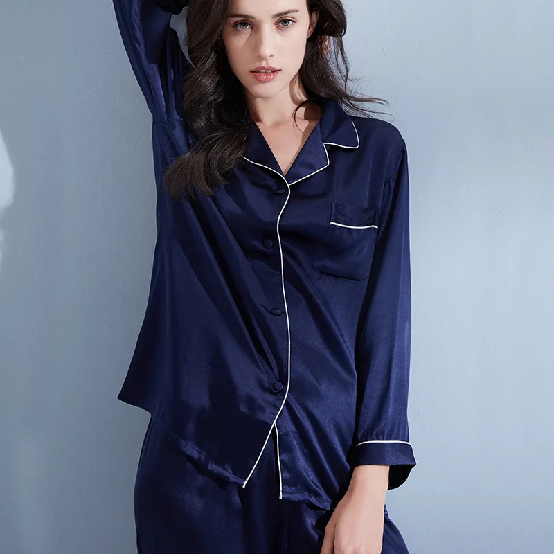 Для женщин натурального шелка Пижама Твердые 19 момме шелковая ночная рубашка Пижама для сна для отдыха женская ночная чистого шелка комплект для сна; Пижама - Цвет: Navy Blue